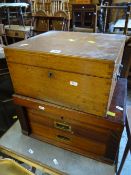 Two-drawer hinged lidded cutlery box with brass carry handles (empty) together with a similar wooden