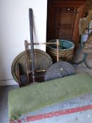 A narrow long upholstered stool, vintage clothes-airer, bernares table, bed warmer ETC Condition