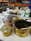 A brass coal bucket, copper kettle and tub of various brass items Condition reports provided on