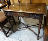 A neat carved antique oak low boy-type table with bobbin supports and single drawer, 75cms wide
