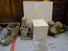 Three garden ornaments and a small marble effect table Condition reports provided on request by