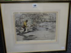 HENRY WILKINSON limited edition (72/75) coloured etching - fly fisherman casting while wading