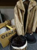 A vintage silk lined light fur believed mink jacket and matching stole together with a hat box