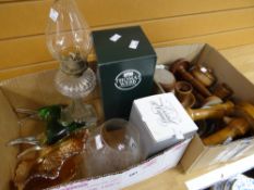 Collection of treen items, candlesticks, coloured glassware, small oil lamp ETC Condition reports