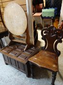An antique shield-back mahogany hall chair, a circular tilt-top occasional table, a small panelled