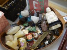 A wooden fruit shaped dish containing sundry assorted collectables, busts, ivory, Buddha ETC