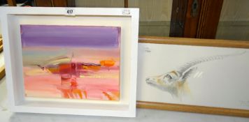 RICHARD O'CONNELL box-framed oil on canvas colourful semi-abstract entitled verso 'Pier Head