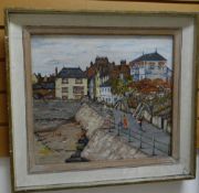 Framed oil on board of a seaside promenade and beach scene together with framed prints Condition