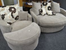 An as new lounge suite in brown and cream upholstery including crescent shaped footstool and