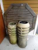 Two teak garden tables together with two ceramic chimney pots for use as garden planters Condition