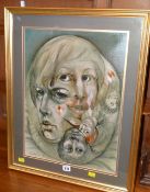IRIS DEBLEY mixed media on board - metamorphic portrait of heads, signed and dated '76 (local