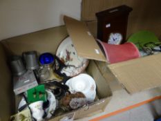 Two boxes of various bric-a-brac including china, modern mantel clock, pewter tankards ETC Condition