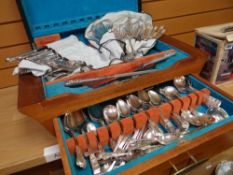 A substantial mid-century community cutlery canteen with mixed contents of Walker & Hall EPNS Queens