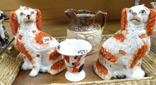 A nineteenth century stoneware harvest jug with treacle glaze upper section, a Gaudy Welsh grape