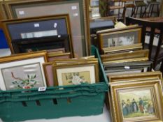 A crate of various framed pictures including a pair of pastel portraits, exotic needlework panels