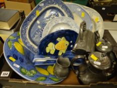 Pewter teaware, blue & white platters ETC Condition reports provided on request by email for this