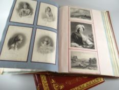 Two large red leather bound nineteenth century scrap albums containing etchings, poems ETC Condition