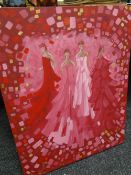 JENNY JONES oil on boxed canvas of figures, entitled 'Ladies in Red', signed, 76 x 61cms BEING