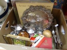 Box of assorted items o include silver plate, collector's spoons, assorted records to include Paul