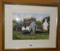 ALUN EDWARDS watercolour - entitled verso 'Farm Buildings at Llanfoist', signed, 25 x 36cms