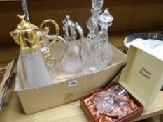 A parcel of decanters and claret jugs together with a boxed Stuart Crystal cut glass jug Condition