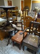 Two similar circular topped tripod tables, a commode chair and wash basin stand Condition reports