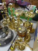 A parcel of brassware including pair of good square based brass candle holders, pair of circular