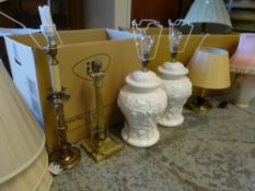 Parcel of table lamps and shades including Spanish white pottery pair, antique Corinthian column