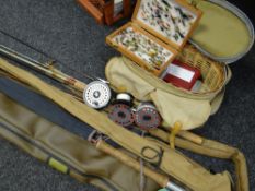 A good parcel of fishing items including vintage creel with contents including reels, cases of fly-