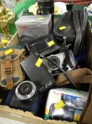A box of analogue cameras and binoculars, boxed Olympus digital compact camera ETC Condition reports