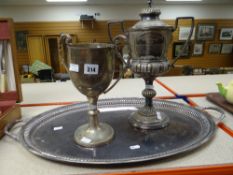 A large oval twin-handled EPNS tray together with two large EPNS trophies Condition reports provided