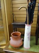 A pottery umbrella stand and contents, a pottery crock and a carved oak stool Condition reports