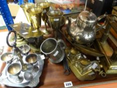Tray of various metalware including brass hanging scales, inkwell, miner's watch case ETC