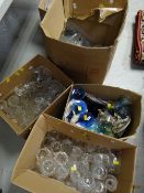 Five boxes of various glassware including drinking glasses, decanters, coloured glass ETC