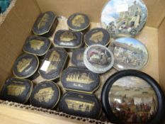 Four antique Prattware pot lids (one framed) and a collection of twelve John Pinches Parian Great