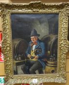 HANS KERNER oil on canvas - seated figure in a wine cellar with trombone and umbrella counting money