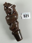 Carved hardwood knop or stopper in the form of a snarling dragon, unmarked Condition reports