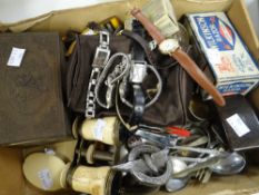A tray of small items including flatware, wristwatches, pocket watches ETC Condition reports