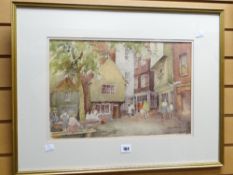 IRENE WELBURN (1910-2000) watercolour - historic York with figures, entitled verso 'Shambles',