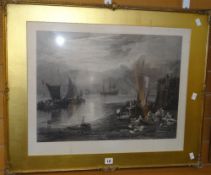 J A PRIOR antique etching, with OUF blind stamp - maritime scene with coastal view and many