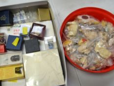 A chocolate box containing modern Piggin' fridge magnets and a shoe box of thimbles ETC Condition