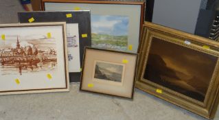 Framed nineteenth century oil on board landscape with loch and fisherman together with two