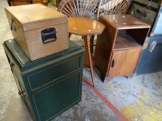 A restored and painted empty gramophone cabinet, a small vintage pine box with compartmented