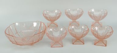 An early twentieth century pink glass trifle-set comprising footed bowl and six sundae dishes (BBC