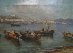 NINETEENTH CENTURY NEAPOLITAN SCHOOL oil on canvas - Bay of Naples with fishermen in rowing boats,