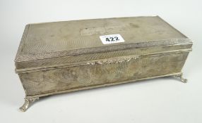 Silver cigarette three-section box raised on four scroll feet 'Presented to Mr A A Dean by the