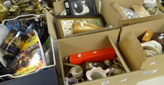 Large collection of household pottery & china including a brass clock-spit, a canvas bag with