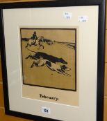 SIR WILLIAM NICHOLSON lithograph - 'February - Coursing', 25 x 21cms Condition reports provided on