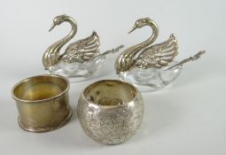 Pair of silver (800) & glass Swan salts with spoons together with two napkin rings Condition reports