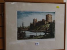 J LEWIS STANT coloured etching with Warwick Galleries blind-stamp - view of Pembroke Castle with